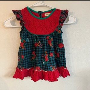 EUC Matilda Jane Christmas Holiday button ruffle top girls size 2 matching bow